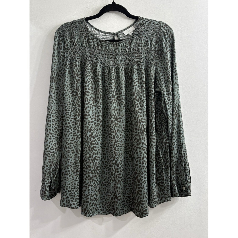 J Jill Womens M Green Black Jaguar Print Peasant Top Long Sleeve Pleated Boho